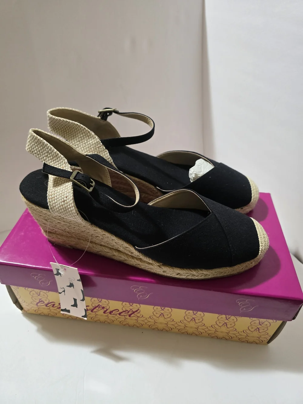 easy street Black and Natural Espadrille Wedge Sandals